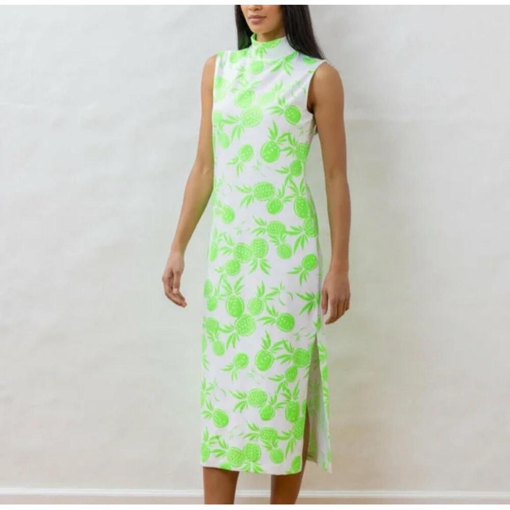 Dudley Stephens Neon Pineapple Print Vacation Maxi Dress Stretchy Slit Womens XS
